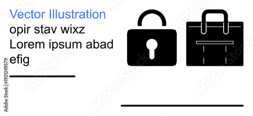 Security, business tools, protection, privacy, corporate work, office assets. Black lock and briefcase symbols on a white background. Security and business tools concept