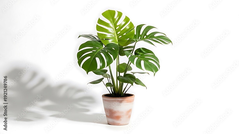 Fototapeta premium Lush, vibrant Swiss cheese plant (Monstera deliciosa) in a clay pot, casting shadow