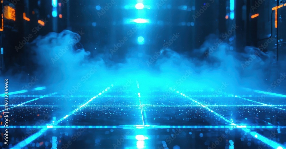 Fototapeta premium Futuristic grid floor, glowing blue lines, smoke effects. Dark environment creates digital atmosphere. Intense light source visible.