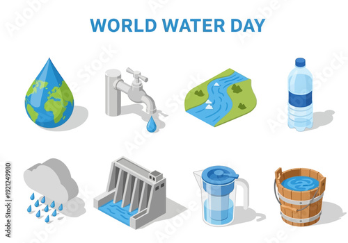 Celebrating World Water Day with symbols of water conservation, purity, and natural resources like rain, rivers, and oceans