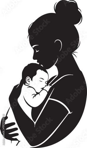 Silhouette of a mother holding her sleeping baby close to her chest