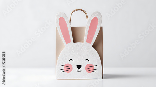 Brown kraft shopping bag with bunny sticker attached and hanging isolated on white background