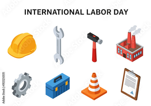 Vector Icons for International Labor Day Celebration Featuring Tools and Construction Elements