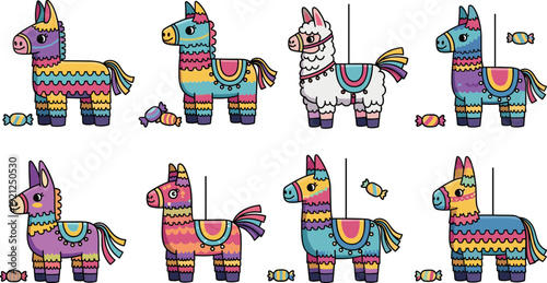 Colorful Pinata Llama Collection Vector Illustration with Different Cute Cartoon Characters and Candy for Mexican Fiesta Party Decoration Design.