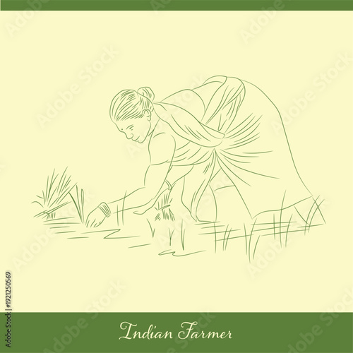 Indian Farmer Woman Working in Field Line Art Vector Illustration of Rural Agriculture