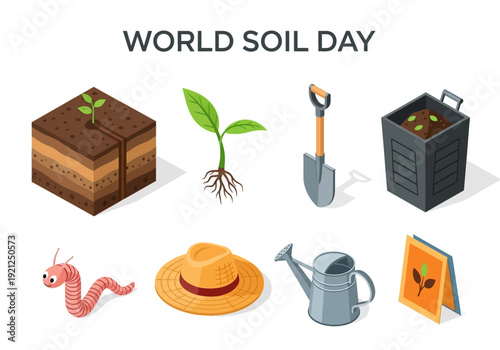 Illustration for World Soil Day showcasing soil layers, plants, gardening tools, and earthworms for environmental awareness