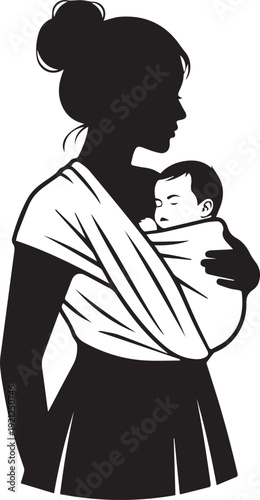 Silhouette of a woman holding a baby in a sling