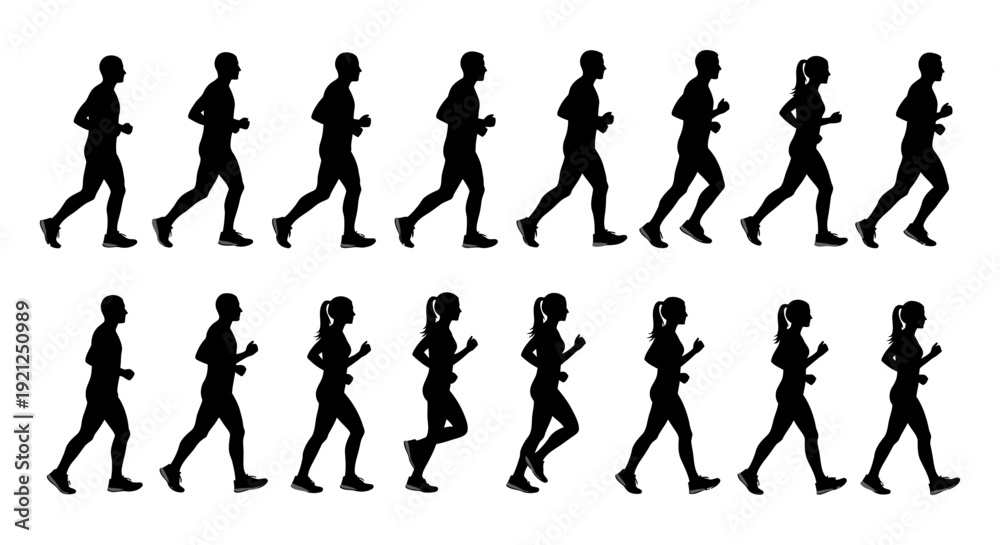 Fototapeta premium running and walking silhouettes of men and women depicting a motion sequence for fitness exercise and active lifestyle concepts.