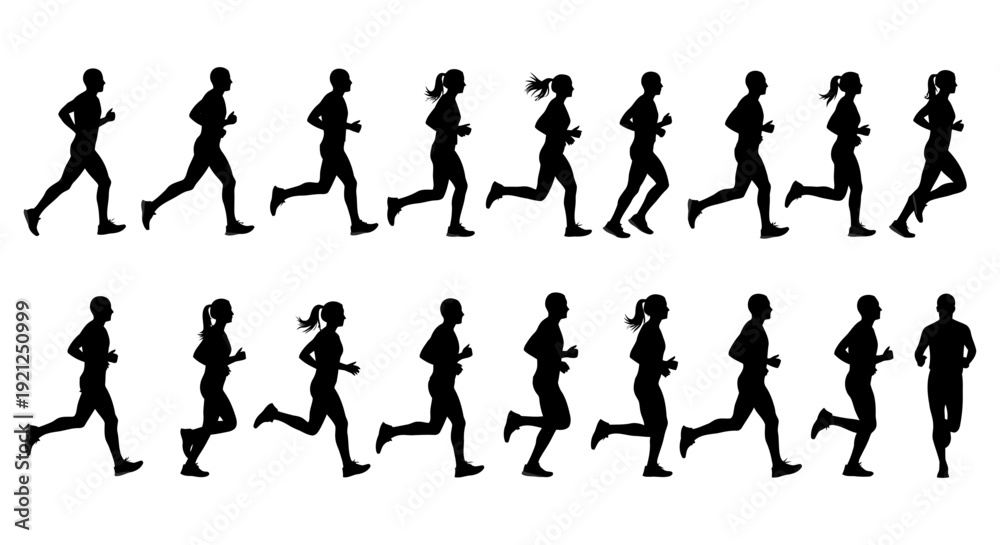 Fototapeta premium running silhouettes of diverse male and female athletes in dynamic poses illustrating fitness health active lifestyle and exercise promotion.