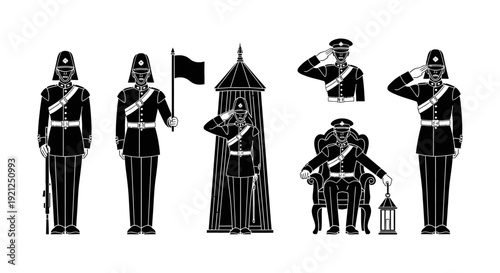 royal guards in ceremonial uniform vector illustration depicting soldiers saluting standing and holding flag symbolizing british tradition and national security.