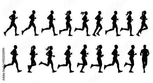 running silhouettes of diverse male and female athletes in dynamic poses illustrating fitness health active lifestyle and exercise promotion.
