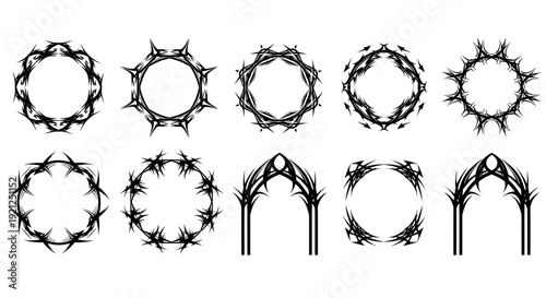 sharp gothic tribal vector elements featuring thorny frames and archways for edgy design tattoo art or dark fantasy branding.