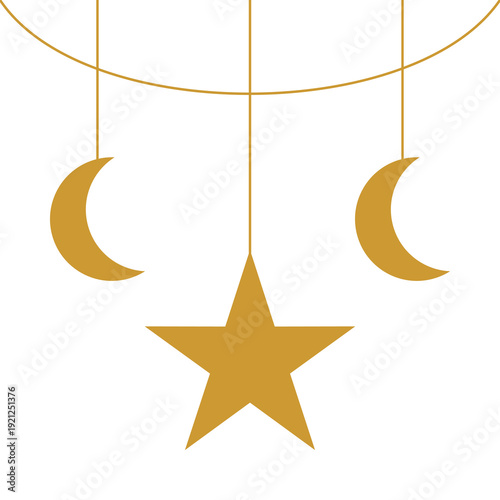 Golden Islamic Star and Crescent Moon Border Flat Design Ramadan and Eid Mubarak Frame.
