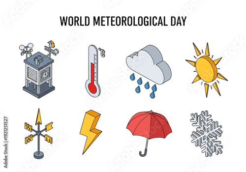 World Meteorological Day icons for weather forecast, climate, and atmospheric science with sun, rain, snow, and thermometer