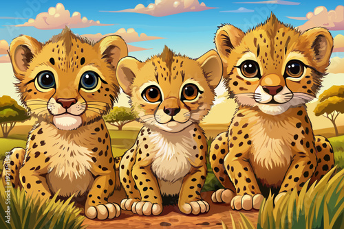 Three adorable cheetah cubs gazing directly at camera basking in warm sunlight natural savanna habitat tender wildlife portrait