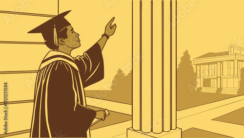 Graduate student in cap and gown looking up at a column on a university campus.