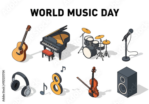 Collection of musical instruments and audio equipment celebrating World Music Day