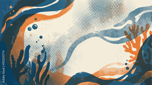 Blue orange riso graph texture print background template with text. Underwater motif background with halftone screen overlay. Editable halftone risograph texture. Printmaking banner design.