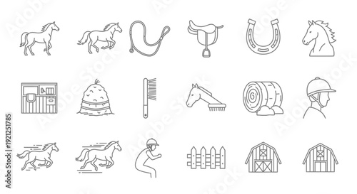 Collection of horse riding icons and equestrian symbols in a simple line art style