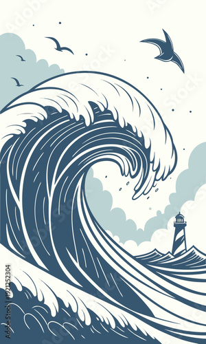 Powerful ocean wave with a lighthouse and seagulls in a stormy sea.