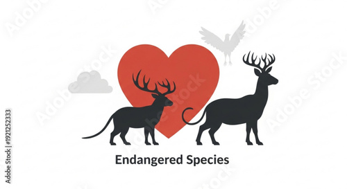 Endangered species concept with deer and heart symbol on white background