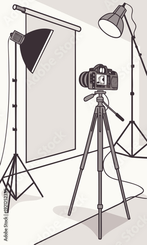 Professional Photography Studio Setup with Camera Tripod and Lighting Equipment.