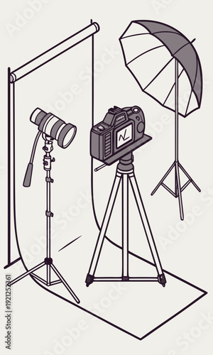 Professional Photography Studio Setup with Camera Lighting and Backdrop.
