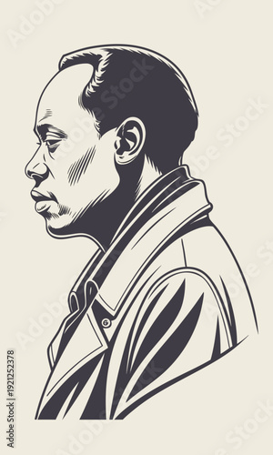 Profile portrait of a man in a coat side view black and white illustration.