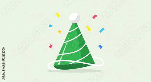 Green party hat with colorful confetti on light green background for celebrations