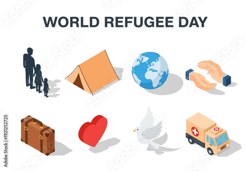 Celebrating World Refugee Day with Icons Representing Displacement, Aid, and Hope