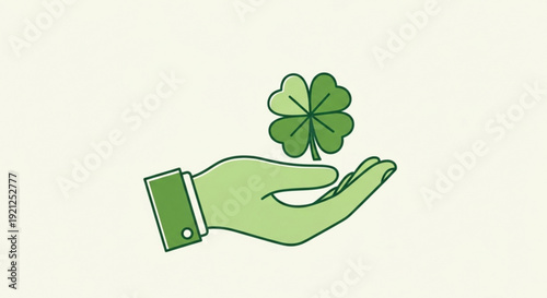 A green hand holding a four leaf clover symbolizing good luck and fortune on a neutral background