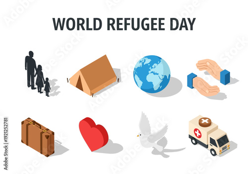 World Refugee Day illustration featuring icons of global displacement, aid, and hope