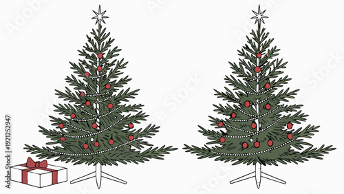 Two festive Christmas trees with ornaments and a gift box.
