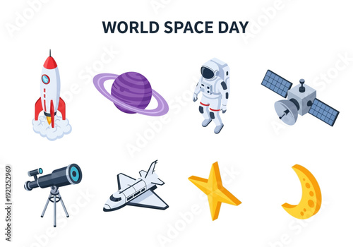 Collection of space-themed icons including a rocket, astronaut, satellite, telescope, airplane, star, crescent moon, and planet for World Space Day
