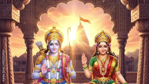 Indian Gods Ram and Sita in Temple, Hindu Religious Art, Archways and Holy Shrine at Sunset