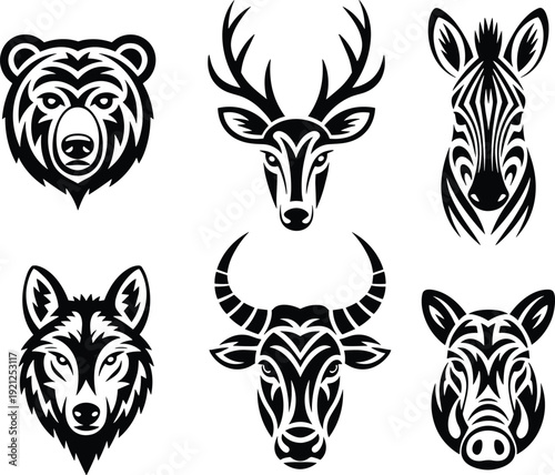 Wild animal head logo set, bear deer zebra wolf buffalo boar flat vector illustration isolated mascot design collection