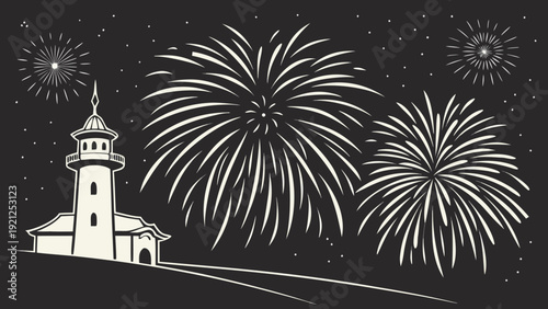 Lighthouse with fireworks in the night sky.