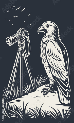 Majestic Eagle Perched Beside a Camera on a Tripod.