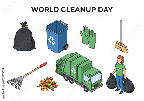 Illustration depicting various items used for environmental cleanup and waste management, including a garbage truck, trash bags, gloves, a broom, and a rake, celebrating World Cleanup Day