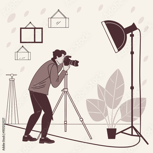Professional photographer capturing images in a studio setting with lighting equipment and plants.