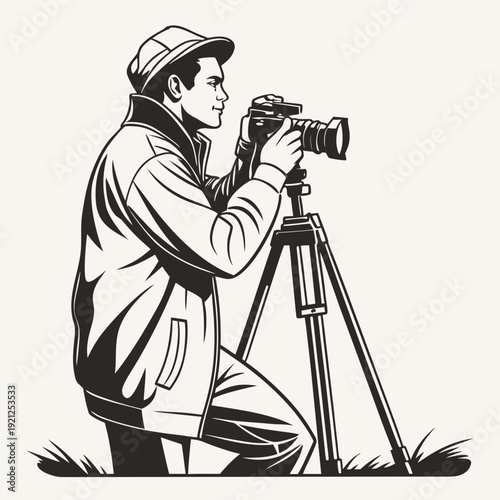 Professional photographer capturing moments with camera on tripod.
