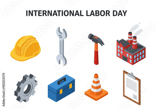 International Labor Day illustration featuring tools, safety equipment, and construction industry symbols