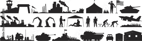 Army base and industry silhouettes set, military vehicles soldiers factory skyline flat vector illustration for defense training concept
