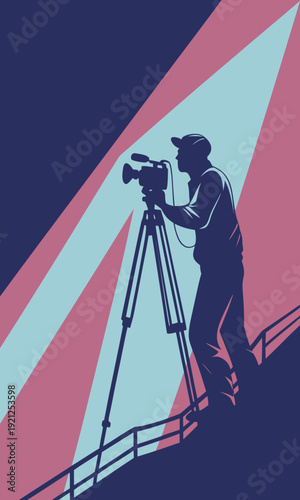 Silhouette of a cameraman filming an event with a professional video camera on a tripod capturing the action from an elevated position.