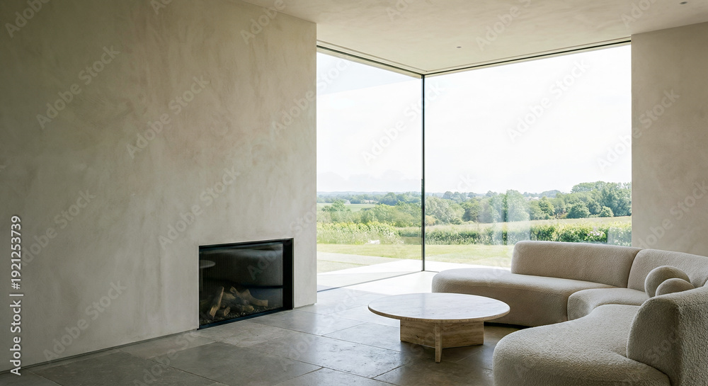 Obraz premium A modern living room with a fireplace and large windows overlooking a green landscape.