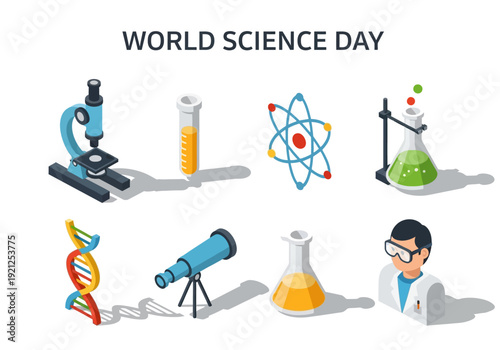 World Science Day illustration celebrating scientific discovery and innovation with symbols of research and education