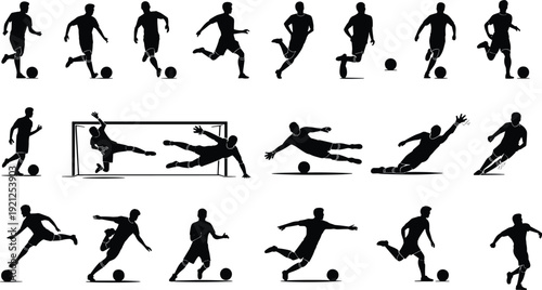 Soccer player silhouette set, football action poses flat vector illustration for sport training match dribbling shooting goalkeeper collection