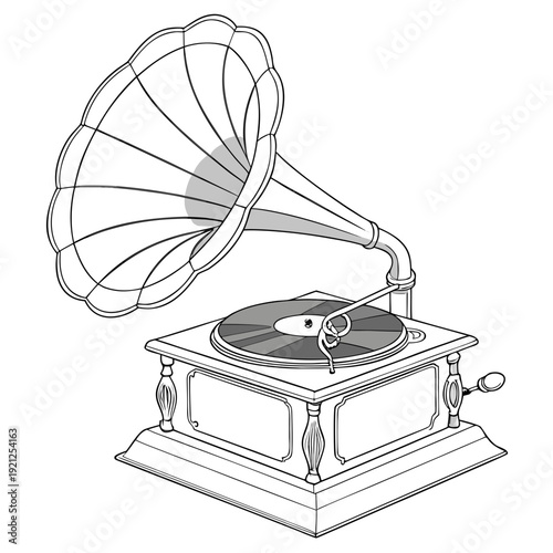 Vintage Gramophone with Vinyl Record Classic Music Player.