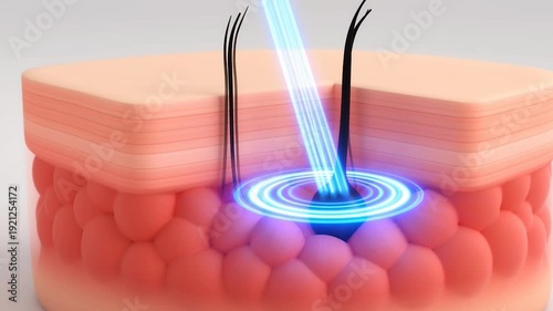 A 3d illustration of a laser hair removal treatment on human skin with hair follicles and a glowing blue beam targeting the root