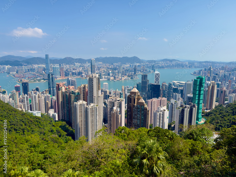 Obraz premium Photo of the skyscrapers of Hong Kong Island and Kowloon, taken from the Peak.